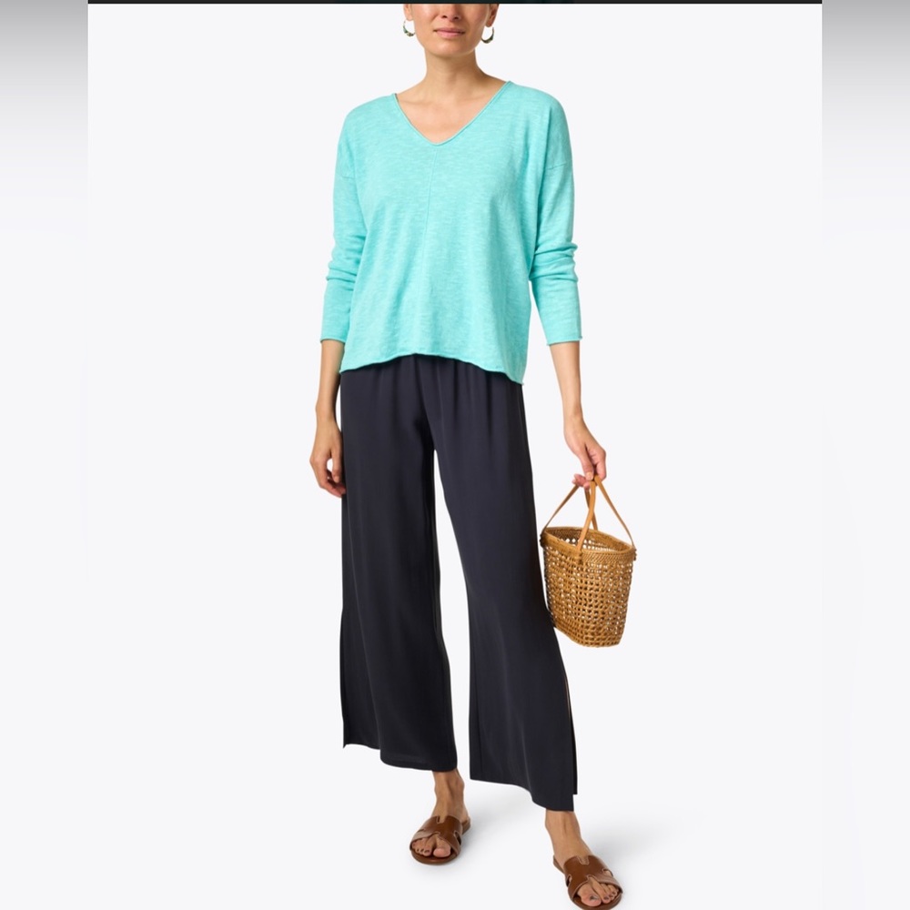Eileen Fisher Silk Midnight Navy Wide Leg Pants Size Large